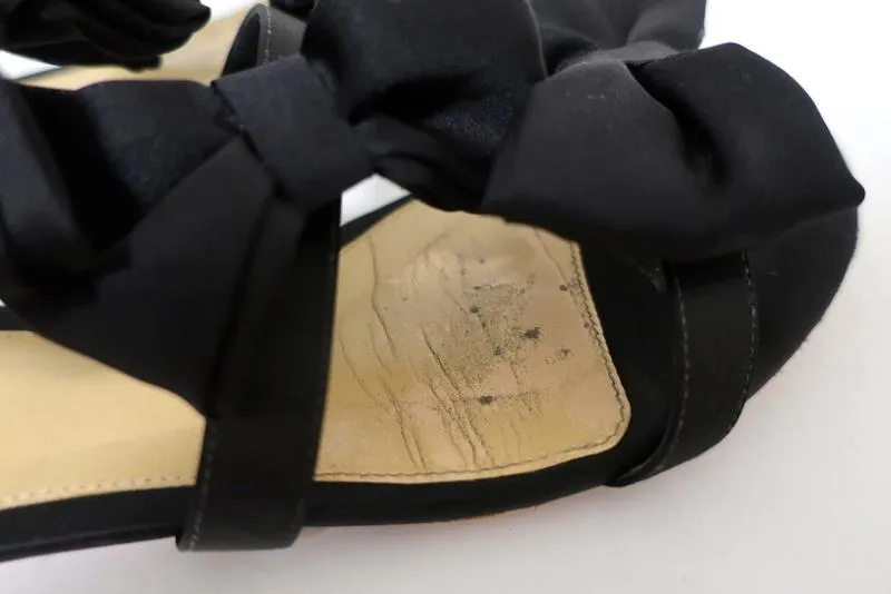 Alexandre Birman Cori Triple Bow Sandalen Schwarz Satin Größe 39 Offene Spitze Flach