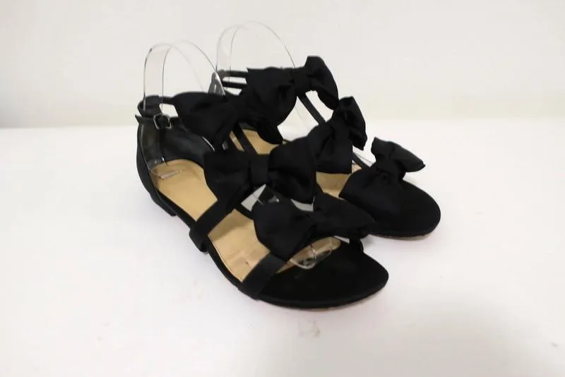 Alexandre Birman Cori Triple Bow Sandalen Schwarz Satin Größe 39 Offene Spitze Flach