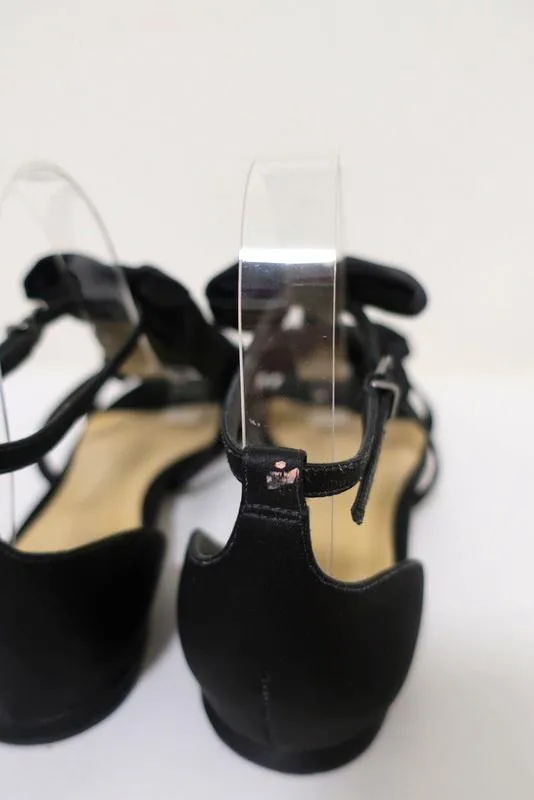 Alexandre Birman Cori Triple Bow Sandalen Schwarz Satin Größe 39 Offene Spitze Flach