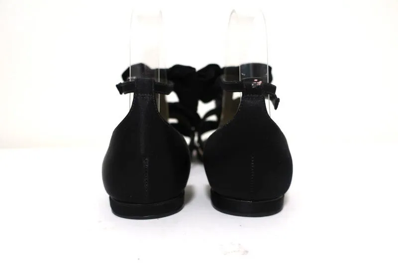 Alexandre Birman Cori Triple Bow Sandalen Schwarz Satin Größe 39 Offene Spitze Flach