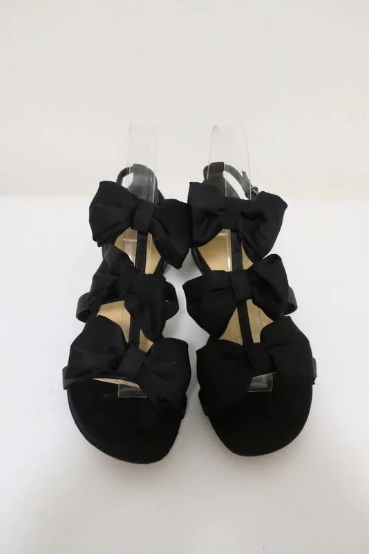 Alexandre Birman Cori Triple Bow Sandalen Schwarz Satin Größe 39 Offene Spitze Flach