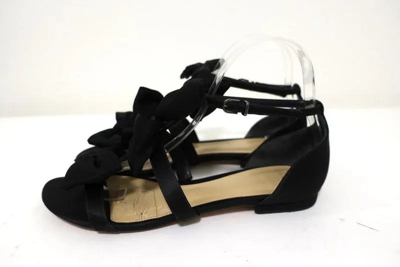 Alexandre Birman Cori Triple Bow Sandalen Schwarz Satin Größe 39 Offene Spitze Flach