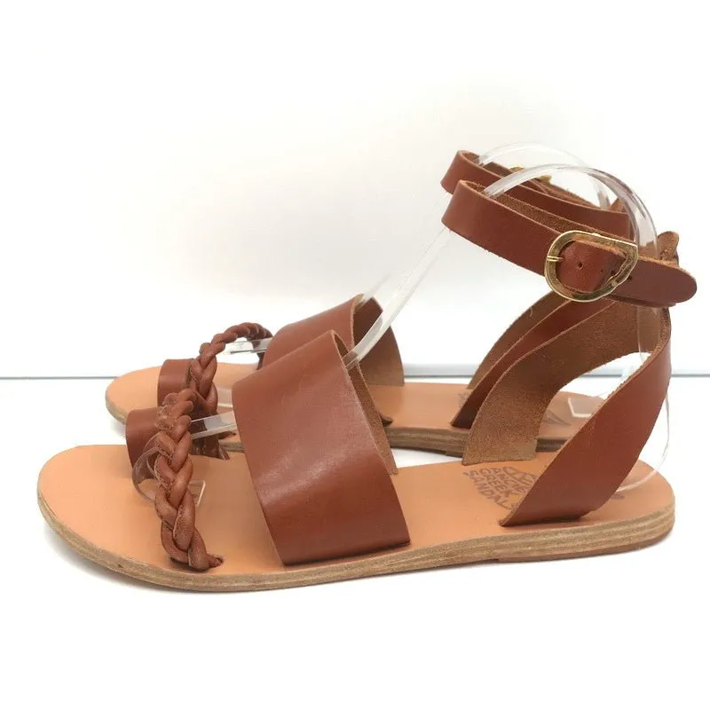 Antike griechische Sandalen Agni Riemchensandalen Braun Geflochtenes Leder Größe 38