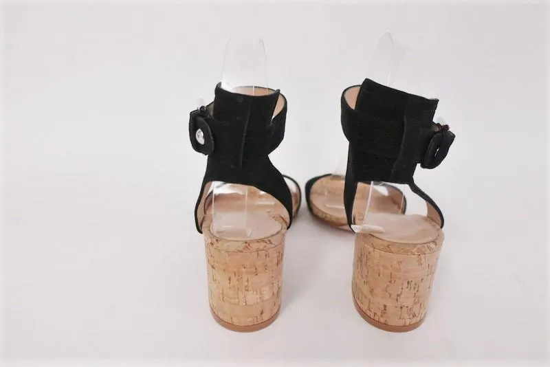 Gianvito Rossi Korksandalen Rikki Schwarz Wildleder Größe 38 mit Knöchelriemchen und mittelhohem Absatz