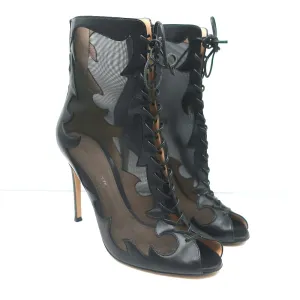 Gianvito Rossi Peep-Toe Stiefeletten mit Schnürung aus schwarzem Leder & Mesh in Größe 38