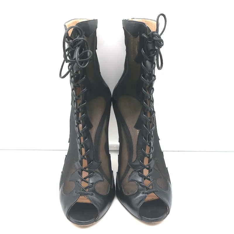 Gianvito Rossi Peep-Toe Stiefeletten mit Schnürung aus schwarzem Leder & Mesh in Größe 38