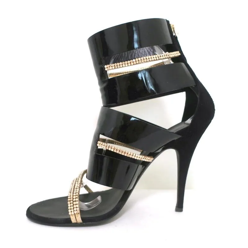 Giuseppe Zanotti x Balmain Sandal Boot mit Kristallbesatz Schwarz Lackleder & Wildleder Größe 39