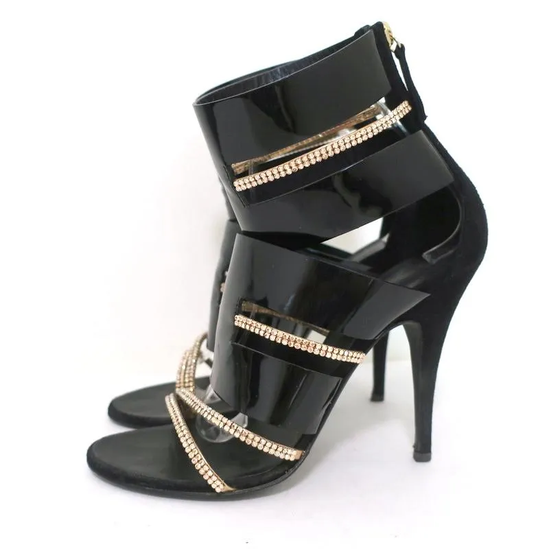 Giuseppe Zanotti x Balmain Sandal Boot mit Kristallbesatz Schwarz Lackleder & Wildleder Größe 39