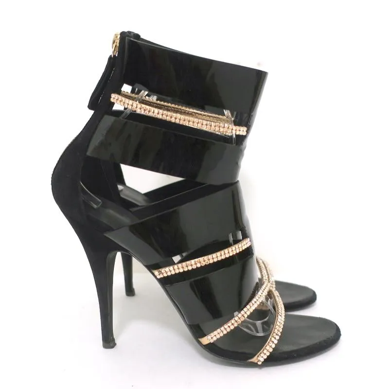 Giuseppe Zanotti x Balmain Sandal Boot mit Kristallbesatz Schwarz Lackleder & Wildleder Größe 39