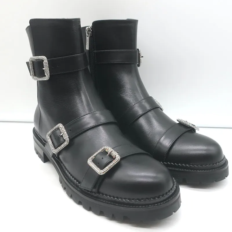 Jimmy Choo Hank Schmuck-Schnalle Flache Knöchelstiefel Schwarz Leder Größe 39 NEU