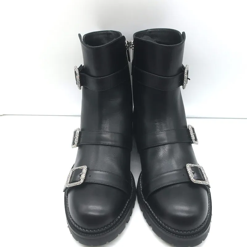 Jimmy Choo Hank Schmuck-Schnalle Flache Knöchelstiefel Schwarz Leder Größe 39 NEU