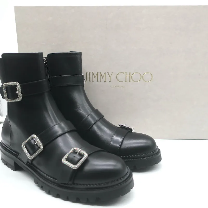 Jimmy Choo Hank Schmuck-Schnalle Flache Knöchelstiefel Schwarz Leder Größe 39 NEU