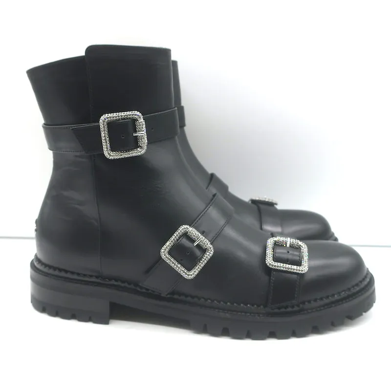 Jimmy Choo Hank Schmuck-Schnalle Flache Knöchelstiefel Schwarz Leder Größe 39 NEU