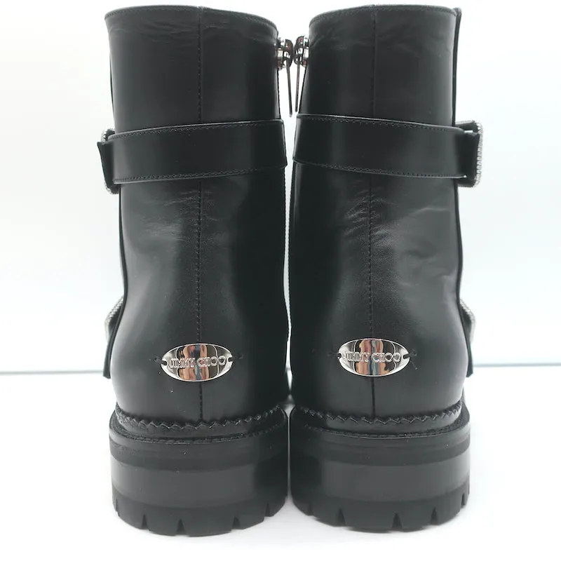Jimmy Choo Hank Schmuck-Schnalle Flache Knöchelstiefel Schwarz Leder Größe 39 NEU