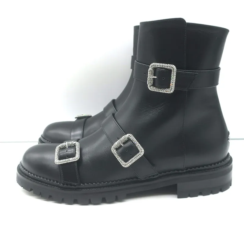 Jimmy Choo Hank Schmuck-Schnalle Flache Knöchelstiefel Schwarz Leder Größe 39 NEU