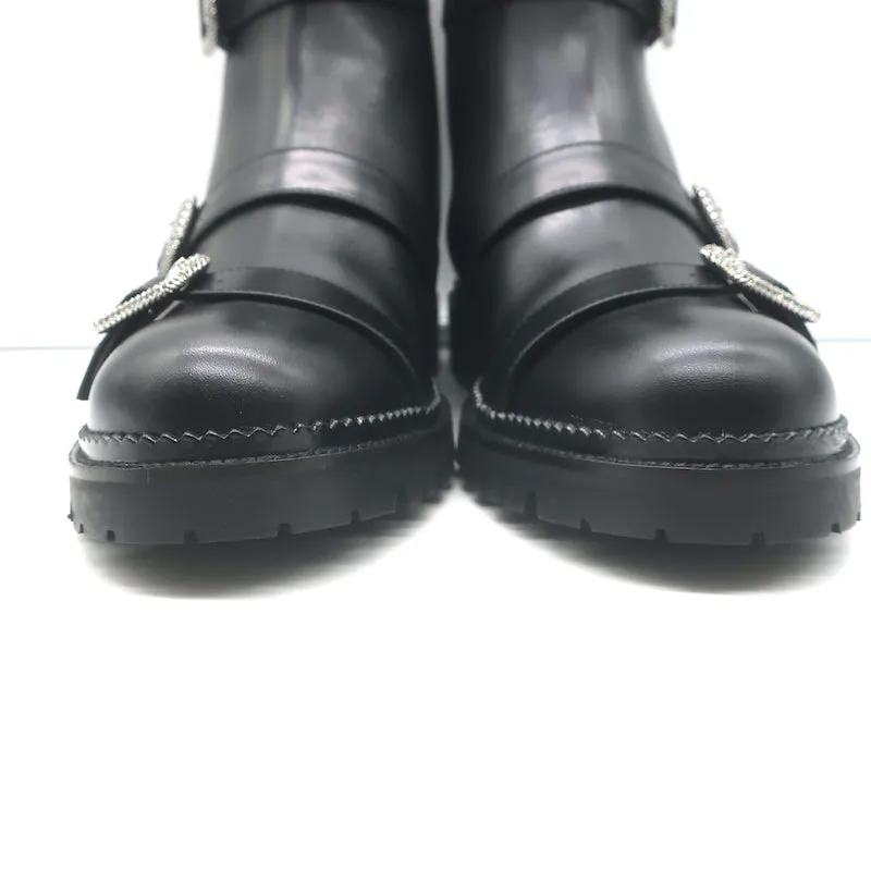 Jimmy Choo Hank Schmuck-Schnalle Flache Knöchelstiefel Schwarz Leder Größe 39 NEU