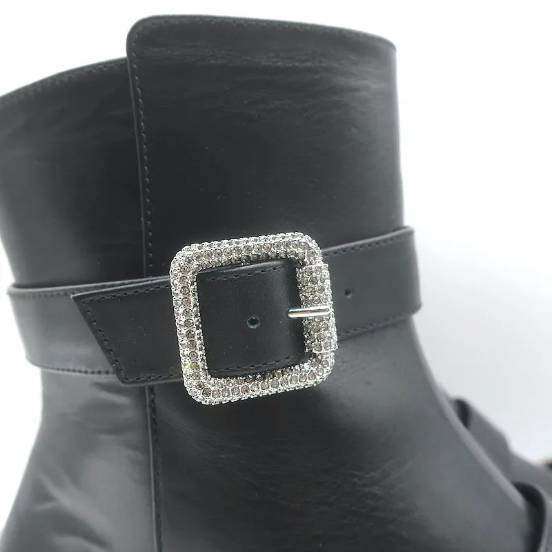 Jimmy Choo Hank Schmuck-Schnalle Flache Knöchelstiefel Schwarz Leder Größe 39 NEU