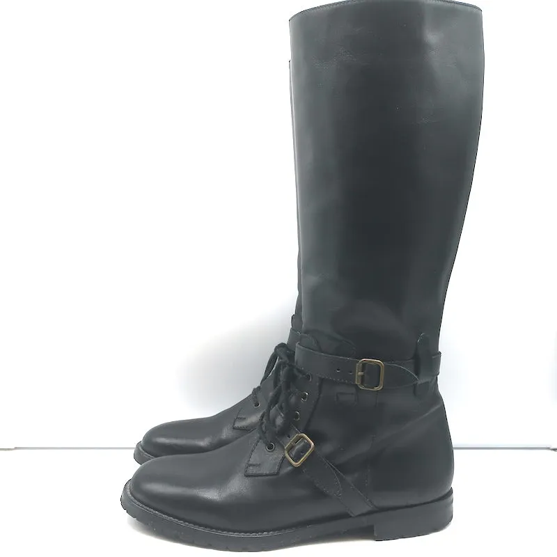 Manolo Blahnik Reitstiefel mit Schnalle Schwarz Leder Größe 38.5