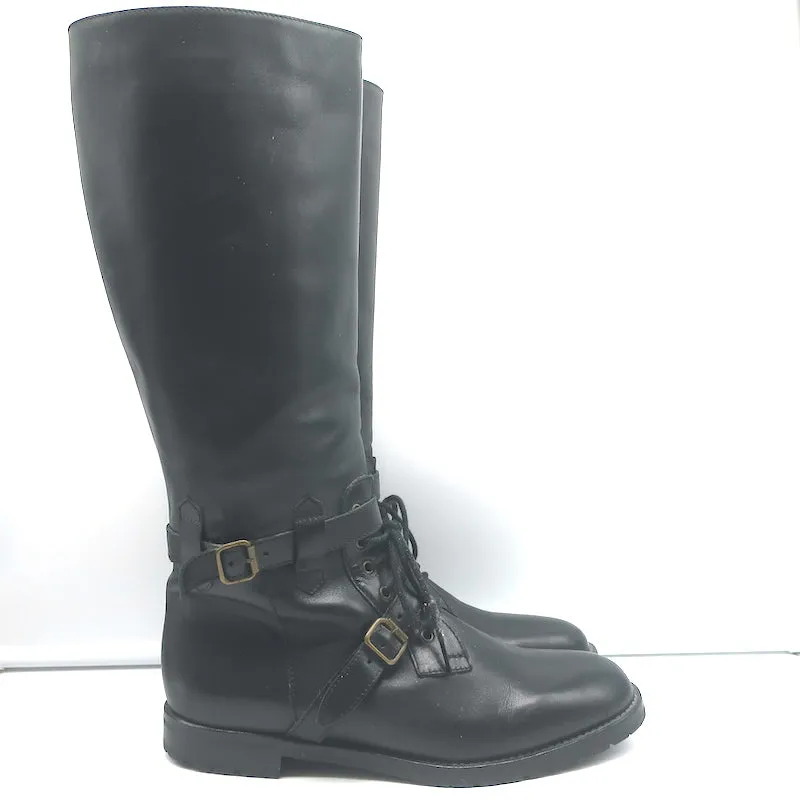 Manolo Blahnik Reitstiefel mit Schnalle Schwarz Leder Größe 38.5