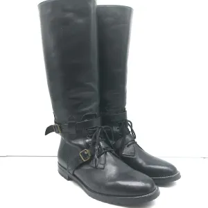 Manolo Blahnik Reitstiefel mit Schnalle Schwarz Leder Größe 38.5