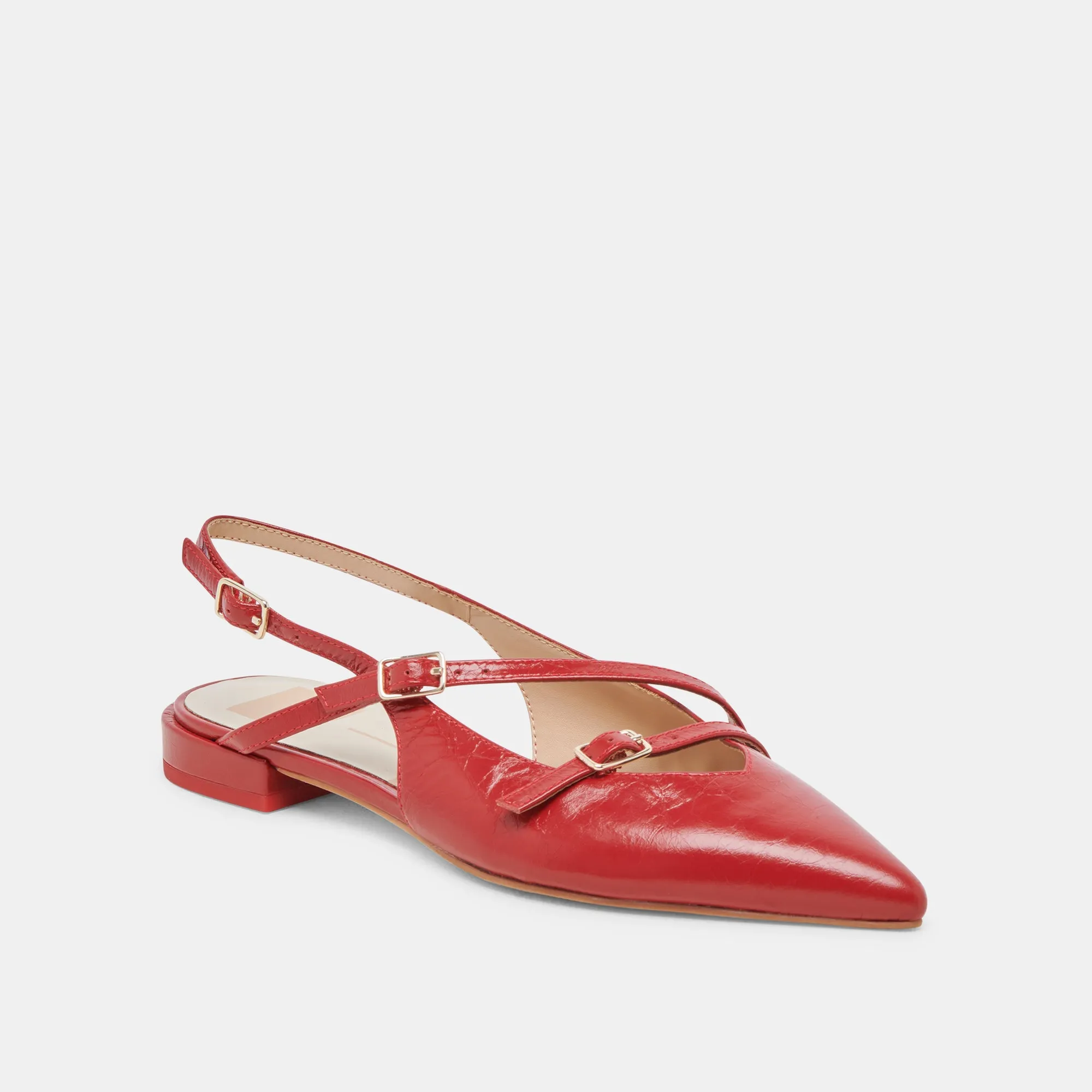 PAMLA WEITE FLACHER SCHUH MIT ROTER KRAUSLEDER-PATENTOPTIK