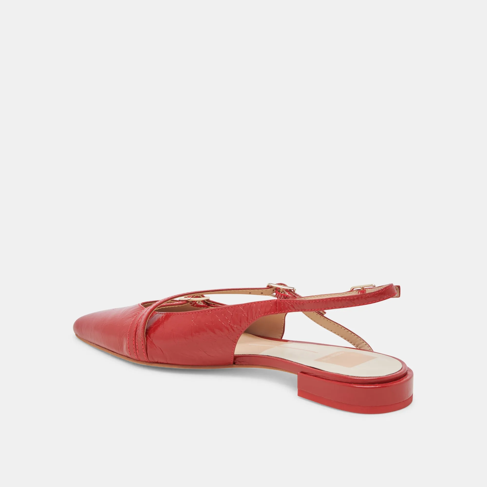 PAMLA WEITE FLACHER SCHUH MIT ROTER KRAUSLEDER-PATENTOPTIK