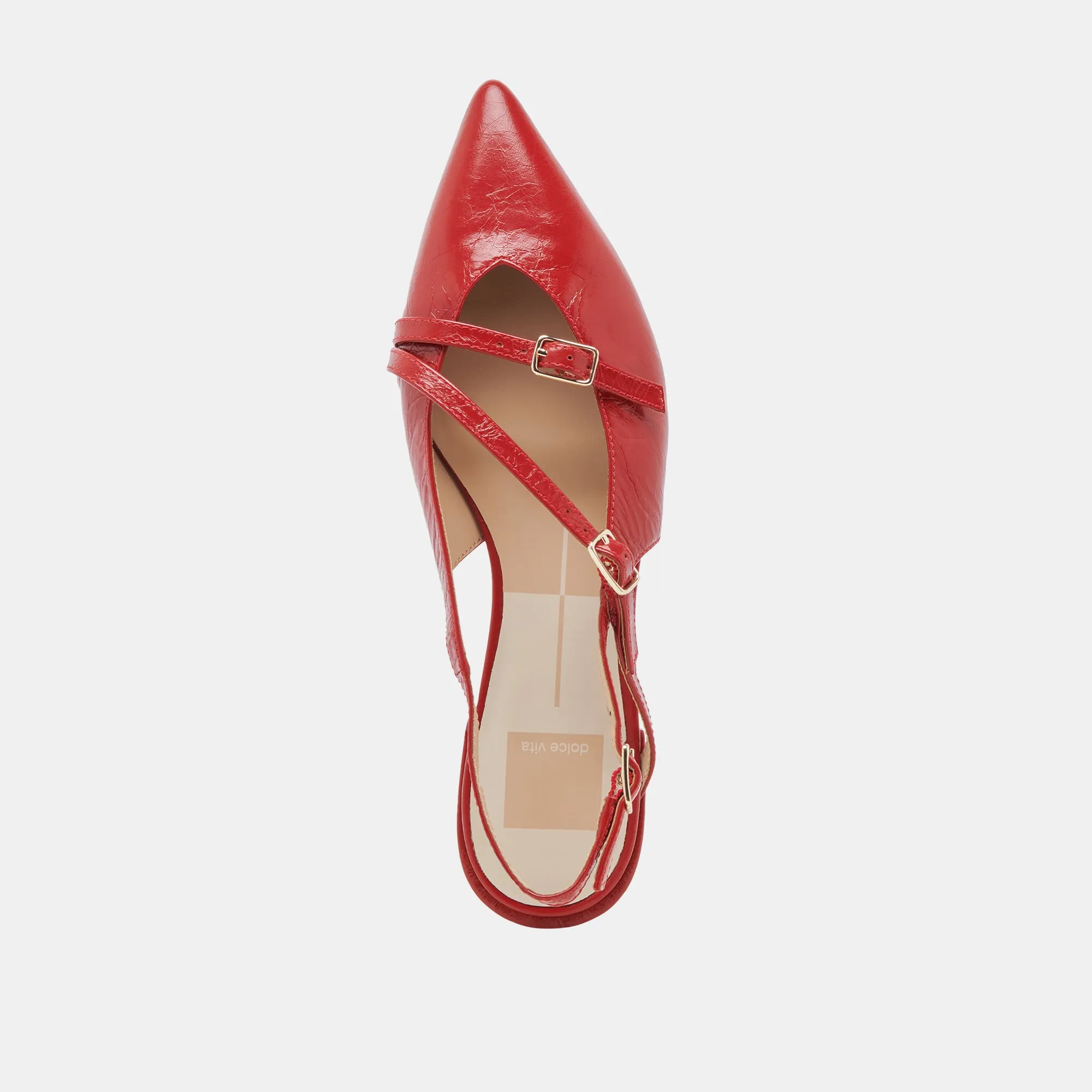 PAMLA WEITE FLACHER SCHUH MIT ROTER KRAUSLEDER-PATENTOPTIK