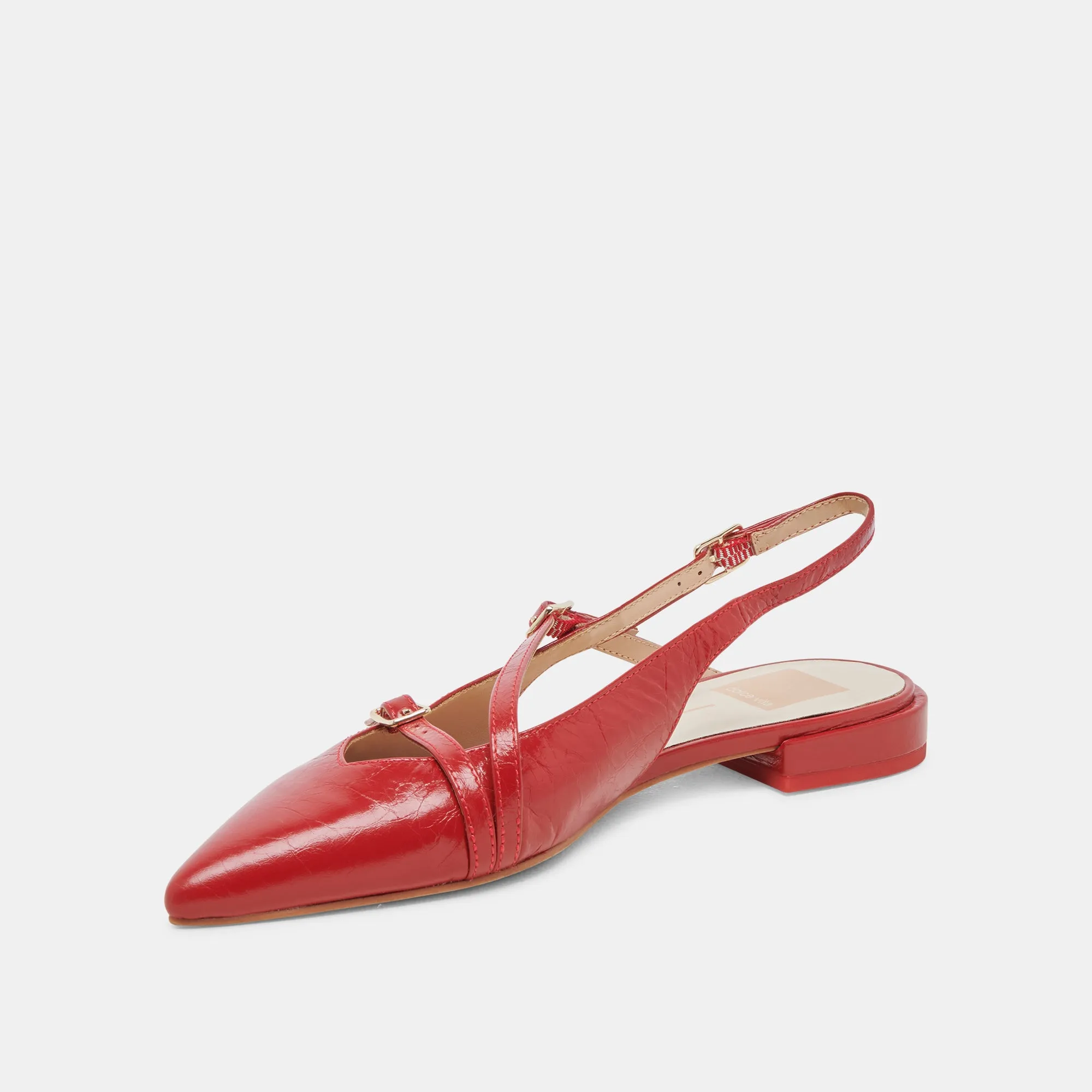 PAMLA WEITE FLACHER SCHUH MIT ROTER KRAUSLEDER-PATENTOPTIK