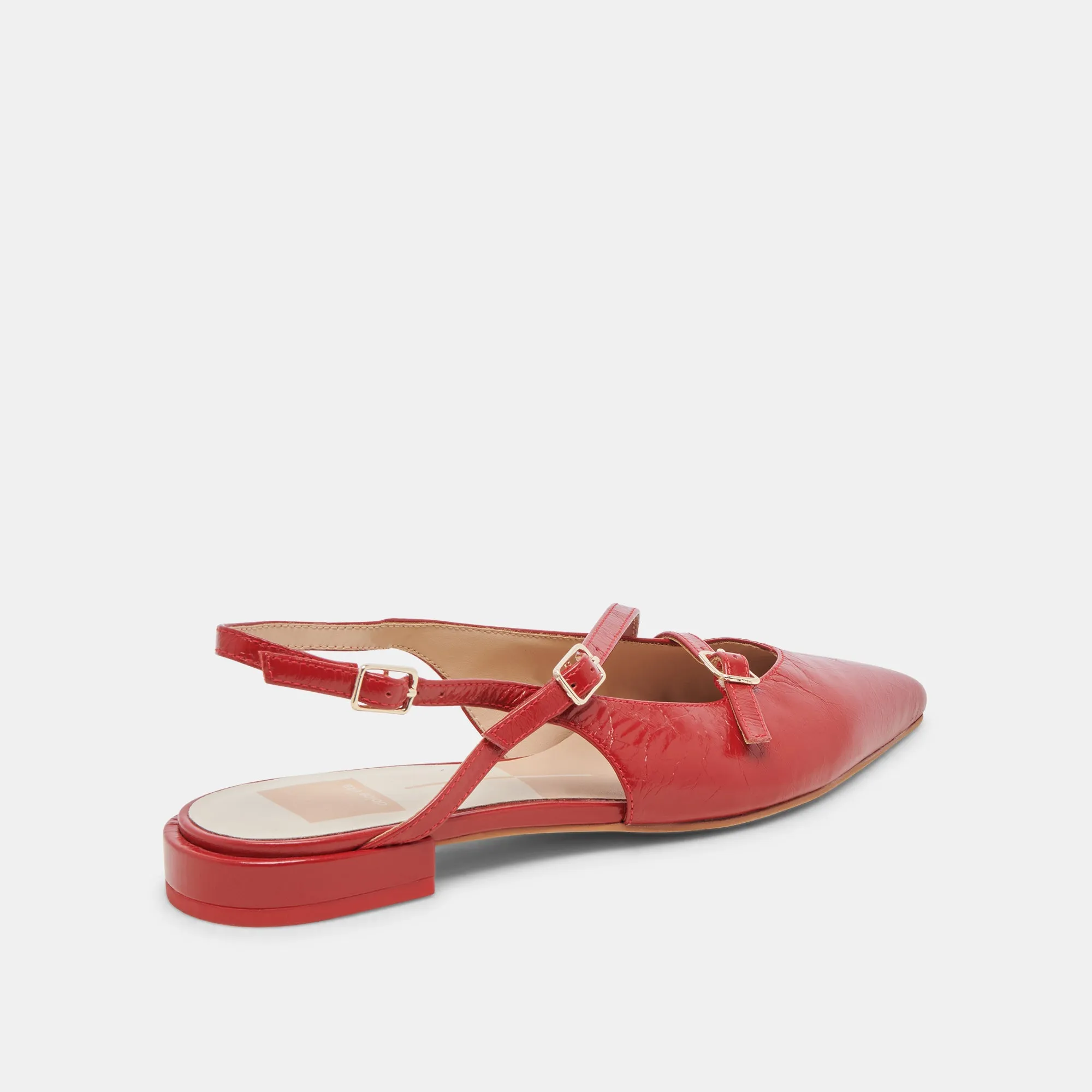 PAMLA WEITE FLACHER SCHUH MIT ROTER KRAUSLEDER-PATENTOPTIK