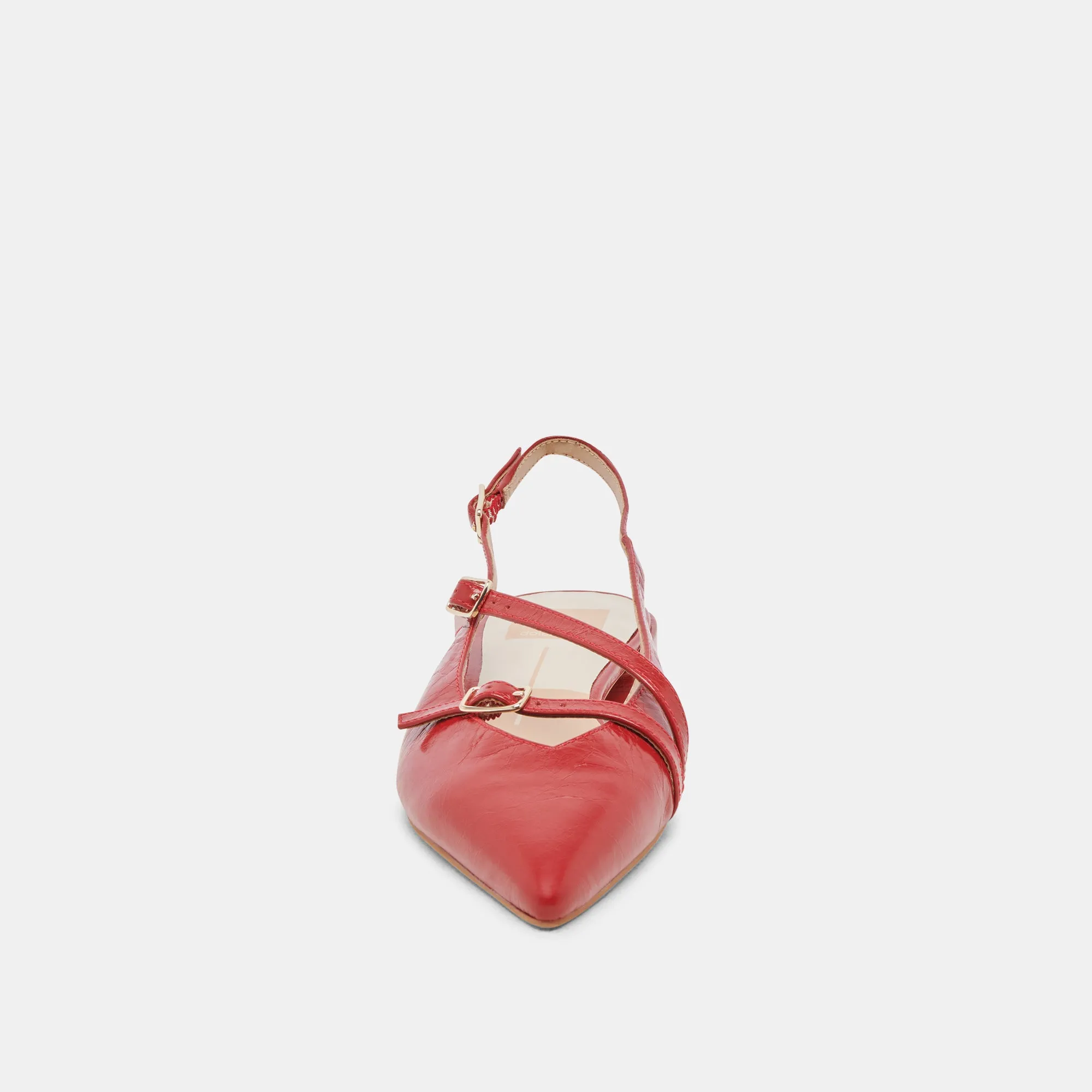 PAMLA WEITE FLACHER SCHUH MIT ROTER KRAUSLEDER-PATENTOPTIK