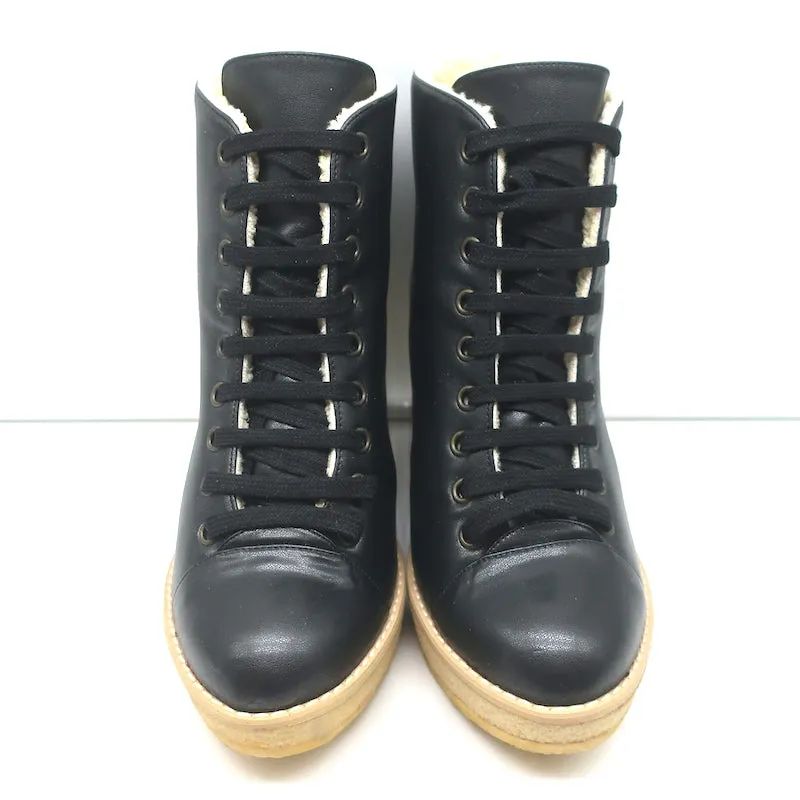 Stella McCartney Kunstpelz Schnür Keilabsatz Stiefeletten Schwarz Größe 38 NEU