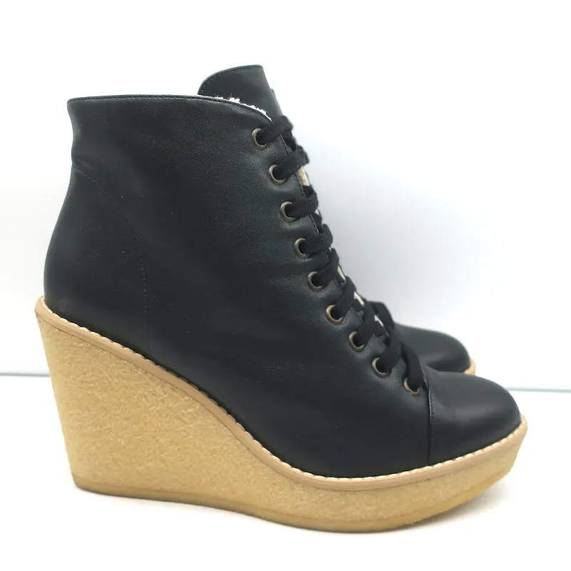 Stella McCartney Kunstpelz Schnür Keilabsatz Stiefeletten Schwarz Größe 38 NEU