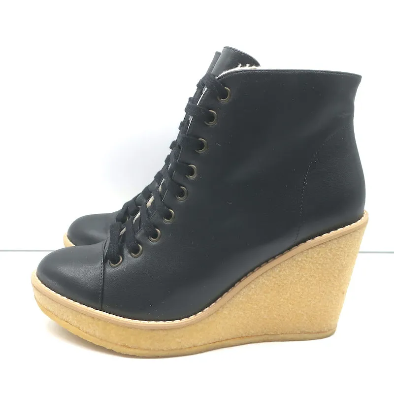 Stella McCartney Kunstpelz Schnür Keilabsatz Stiefeletten Schwarz Größe 38 NEU