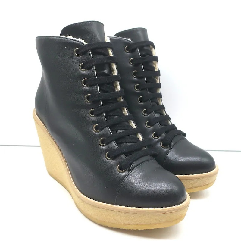 Stella McCartney Kunstpelz Schnür Keilabsatz Stiefeletten Schwarz Größe 38 NEU