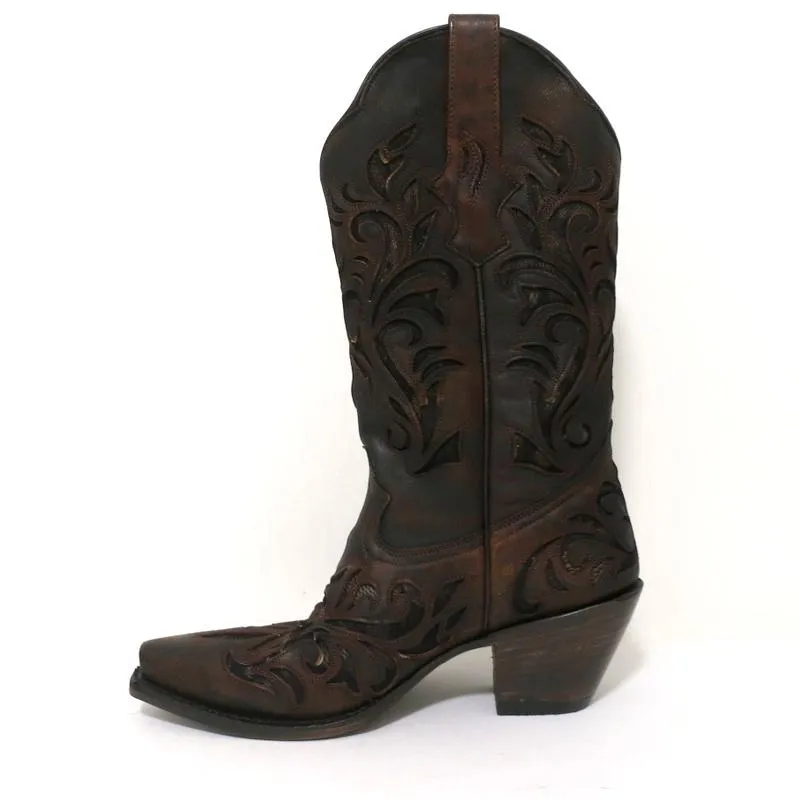 Stetson Cowboy-Stiefel Braun Ausschnitt Leder & Spitze Größe 7 NEU
