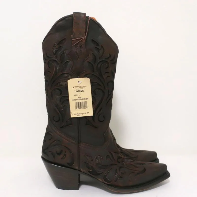 Stetson Cowboy-Stiefel Braun Ausschnitt Leder & Spitze Größe 7 NEU