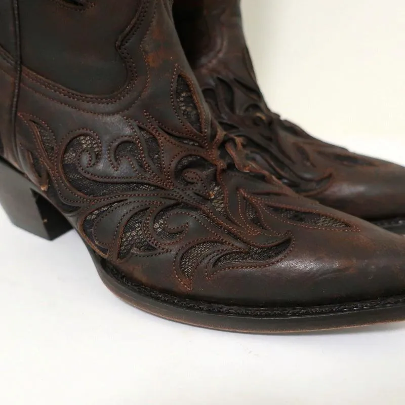 Stetson Cowboy-Stiefel Braun Ausschnitt Leder & Spitze Größe 7 NEU
