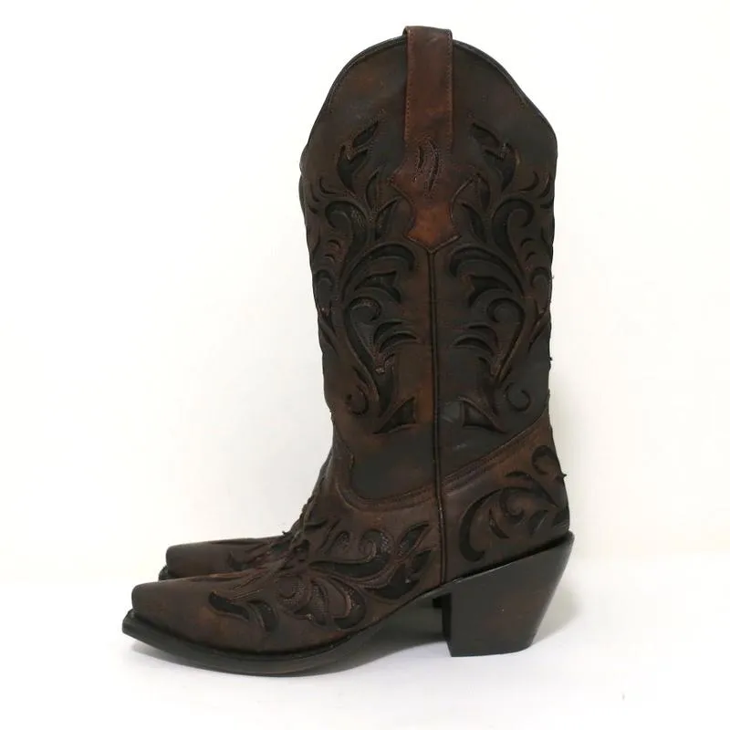 Stetson Cowboy-Stiefel Braun Ausschnitt Leder & Spitze Größe 7 NEU