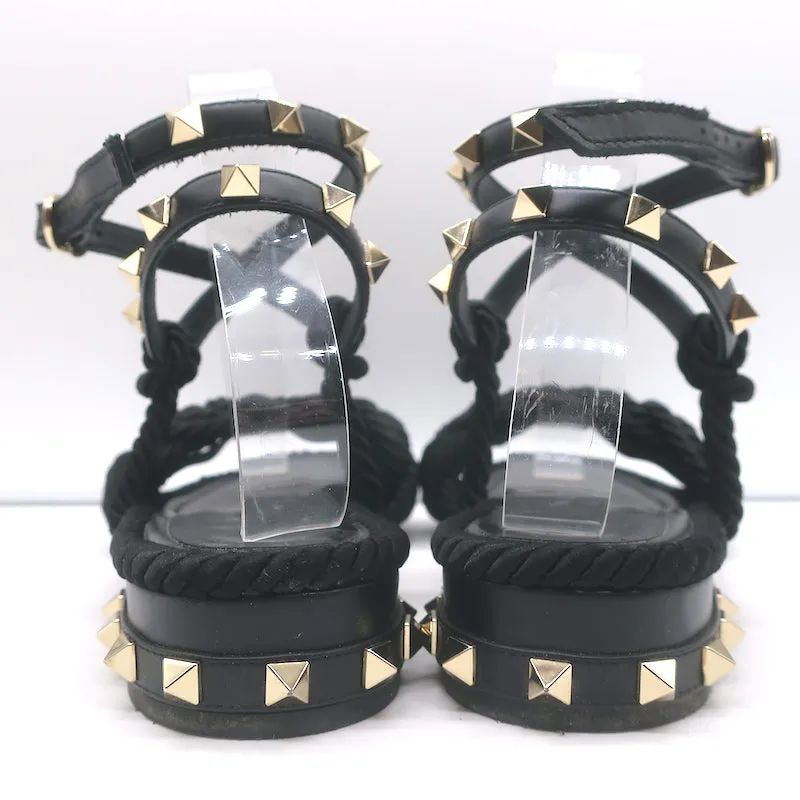 Valentino Rockstud Geflochtene Knöchelriemen Sandalen Schwarz Leder & Satin Größe 40