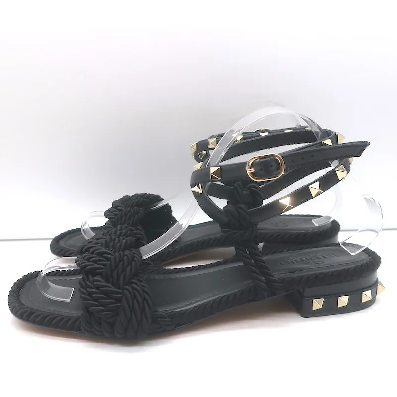Valentino Rockstud Geflochtene Knöchelriemen Sandalen Schwarz Leder & Satin Größe 40