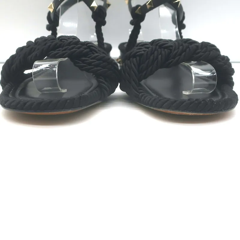 Valentino Rockstud Geflochtene Knöchelriemen Sandalen Schwarz Leder & Satin Größe 40