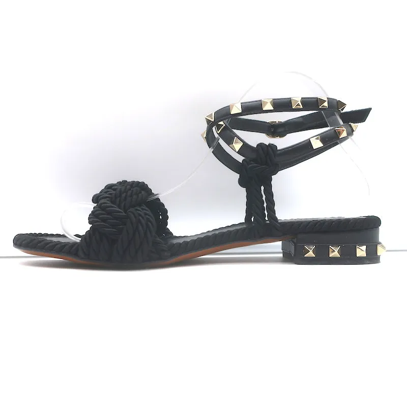 Valentino Rockstud Geflochtene Knöchelriemen Sandalen Schwarz Leder & Satin Größe 40