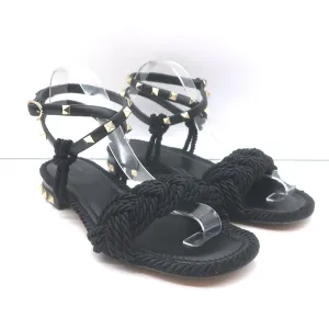 Valentino Rockstud Geflochtene Knöchelriemen Sandalen Schwarz Leder & Satin Größe 40