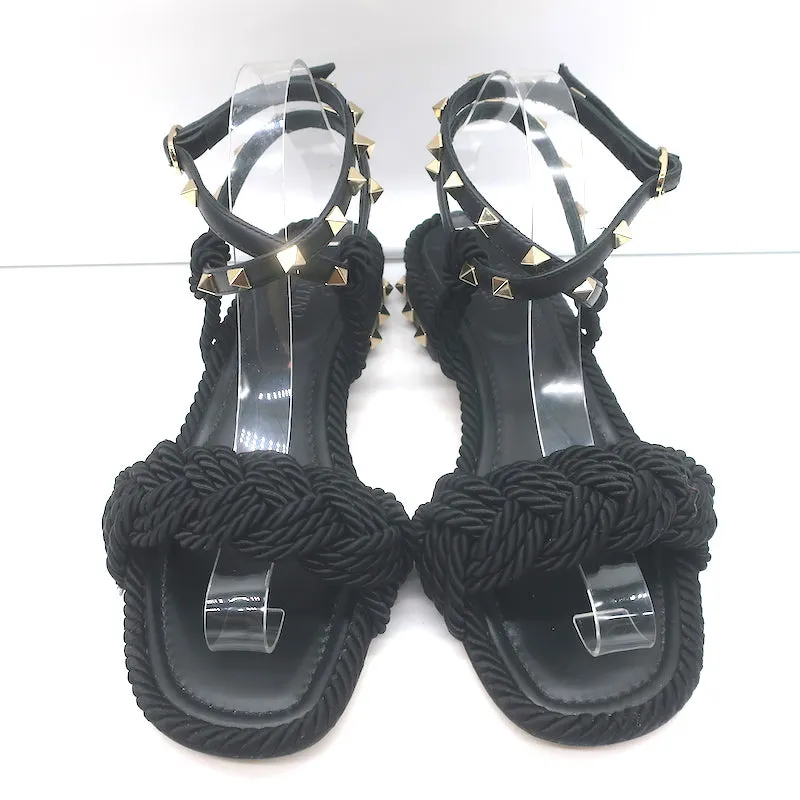 Valentino Rockstud Geflochtene Knöchelriemen Sandalen Schwarz Leder & Satin Größe 40