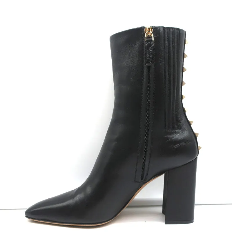 Valentino Rockstud Trim Stiefel mit mittlerer Schafthöhe Schwarz Leder Größe 38 High Heel