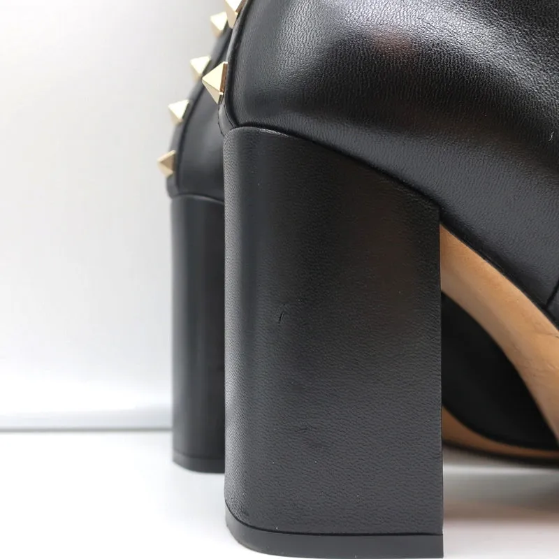 Valentino Rockstud Trim Stiefel mit mittlerer Schafthöhe Schwarz Leder Größe 38 High Heel